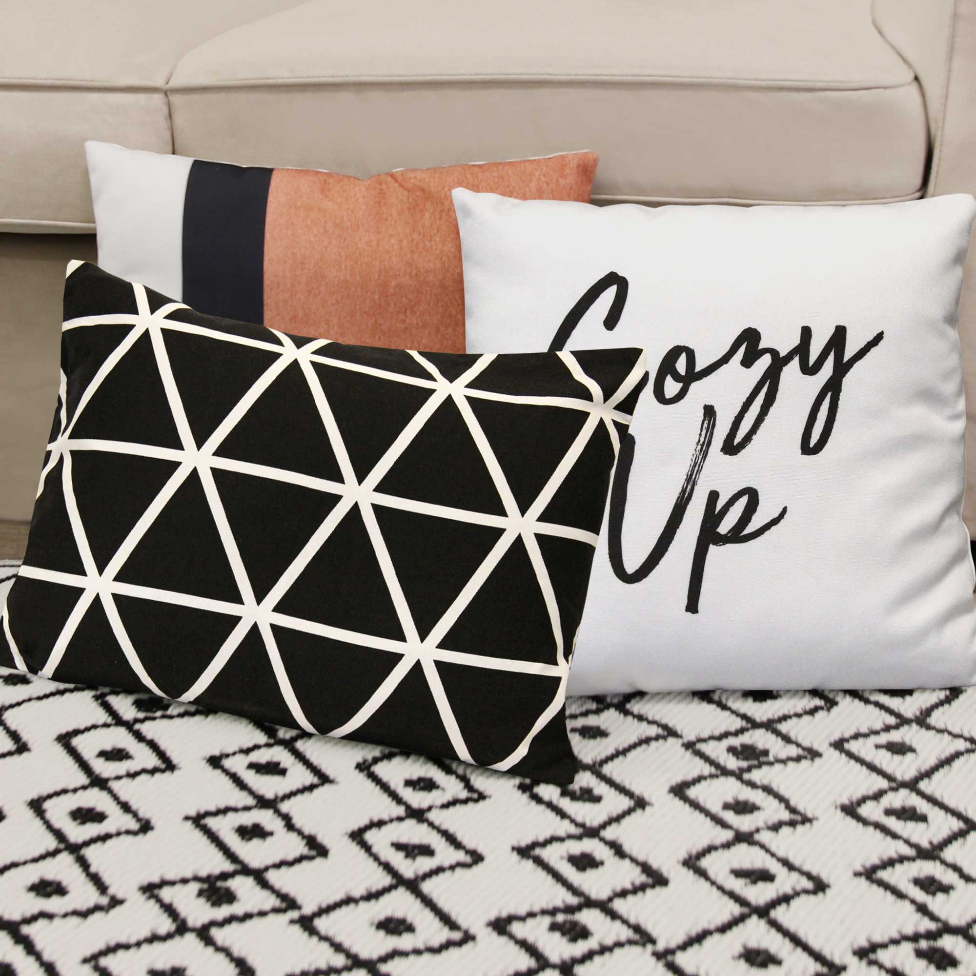 Black on White Cozy Up Sentiment Pillow