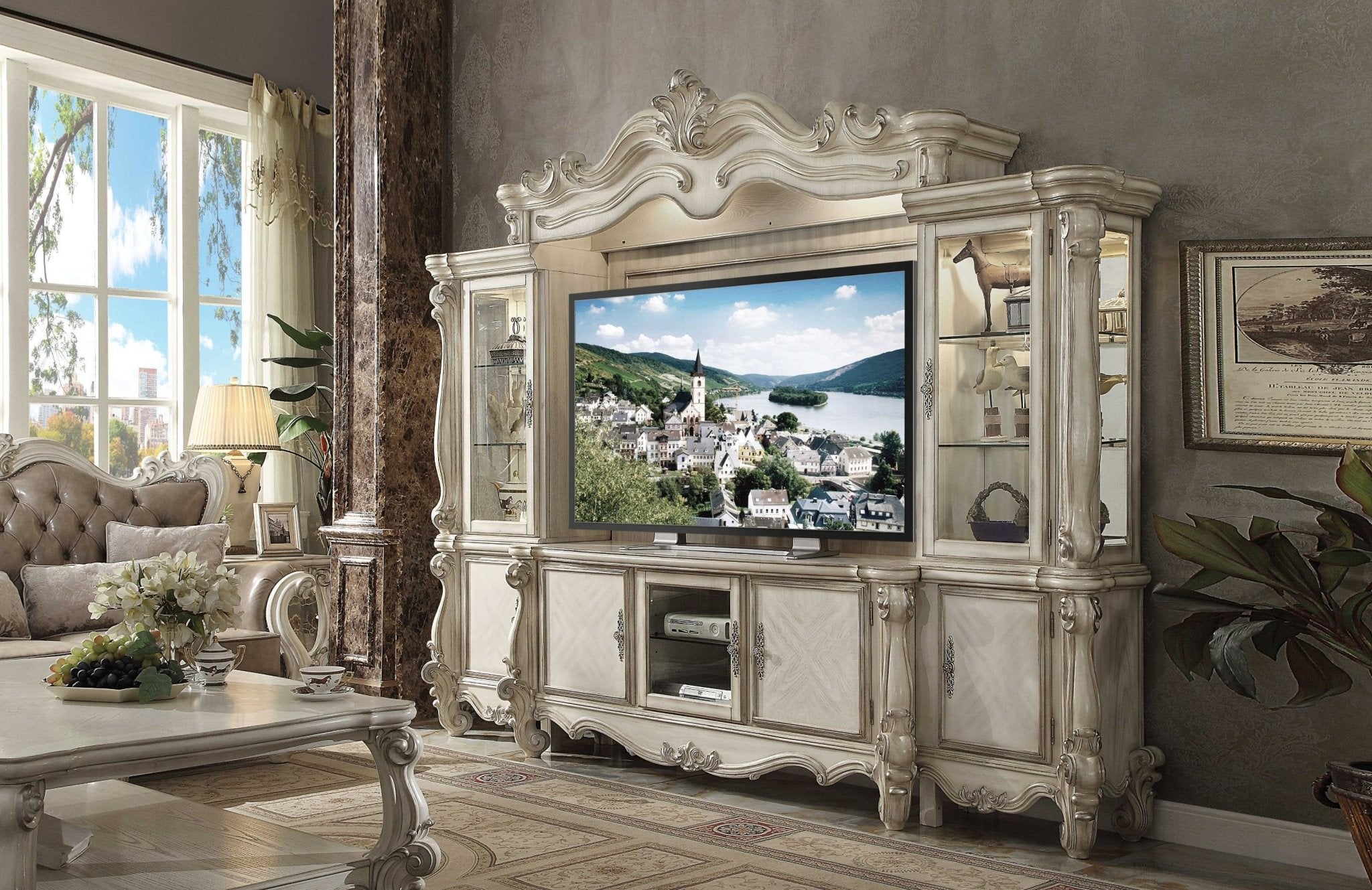 Bone White Wood Poly Resin Glass Entertainment TV Console