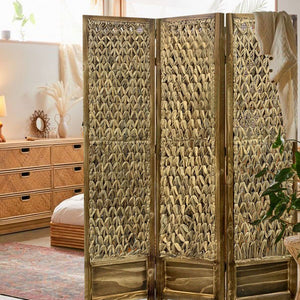 Casual Wood & Seagrass 3 Panel Privacy Screen Room Divider