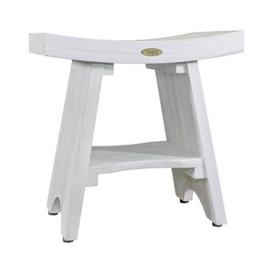 Compact Curvilinear Teak Shower Outdoor Bench with Shelf in Driftwood Finish