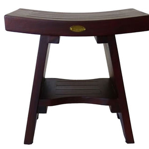 Compact Curviliniear Teak Shower Outdoor Bench with Shelf in Brown Finish