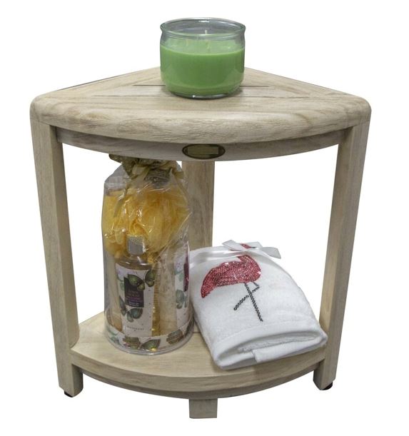Compact Teak Corner Shower Stool with Shelf in Whitewash Driftwood