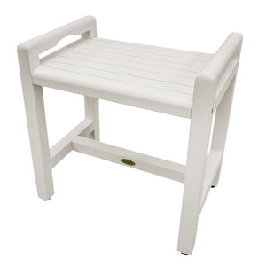 Compact Teak Corner Shower Stool with Shelf in Whitewash Finish