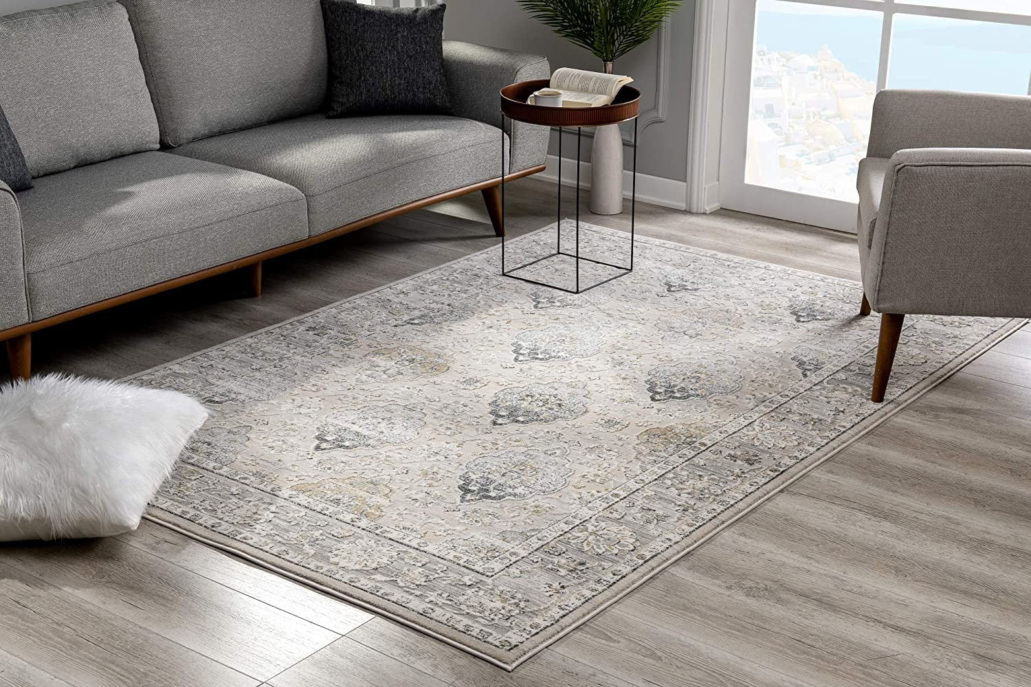 Cream & Gray Rich Traditional Modern Floor Mat Decorative Area Rug, 8 x 11 Feet