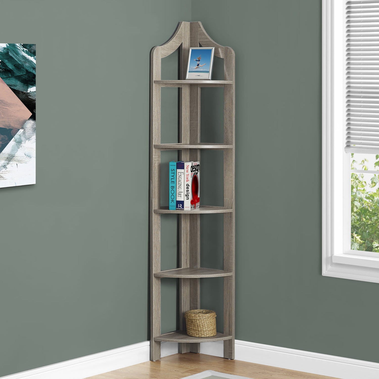 Dark Taupe Corner Accent Shelf Bookcase