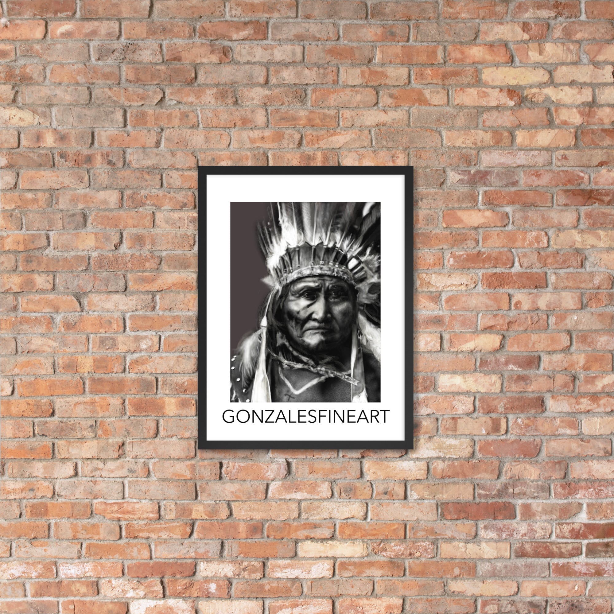 Geronimo War Bonnet Black and White Framed poster