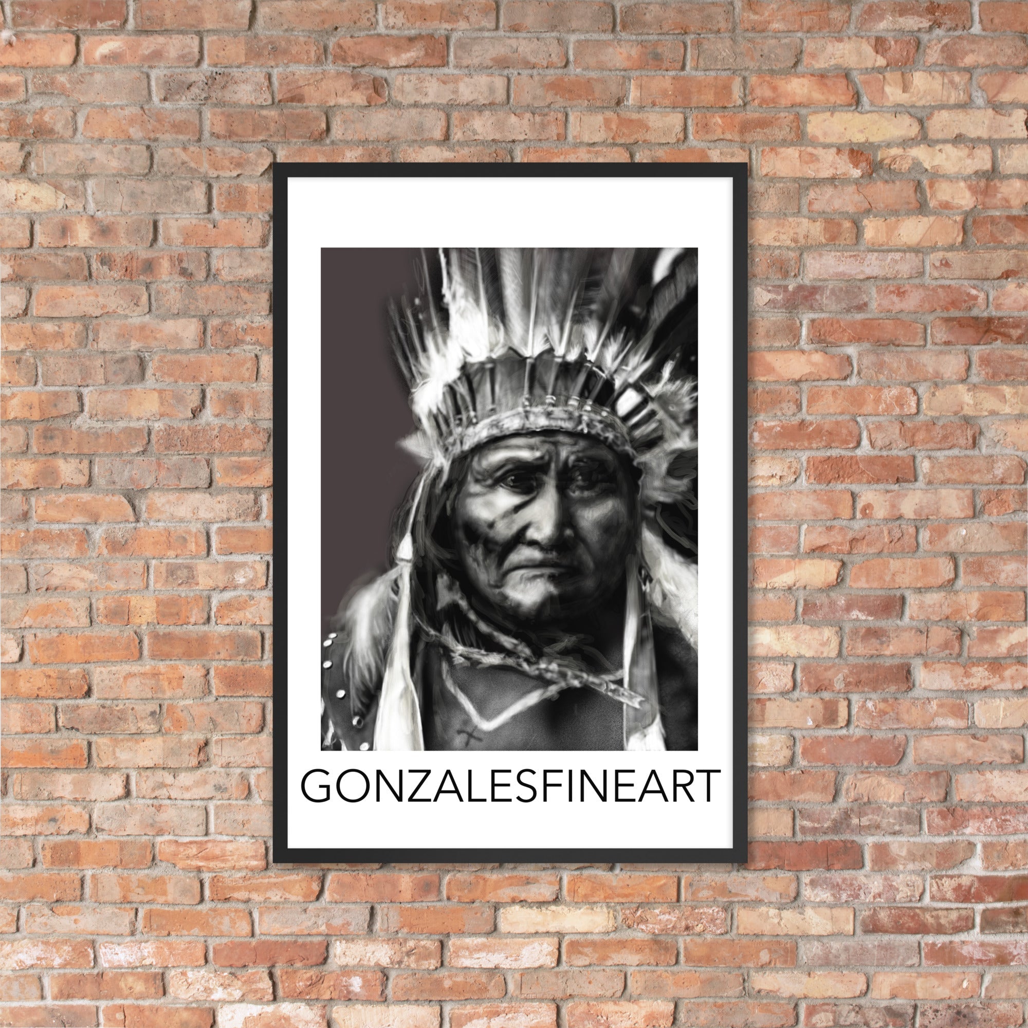 Geronimo War Bonnet Black and White Framed poster