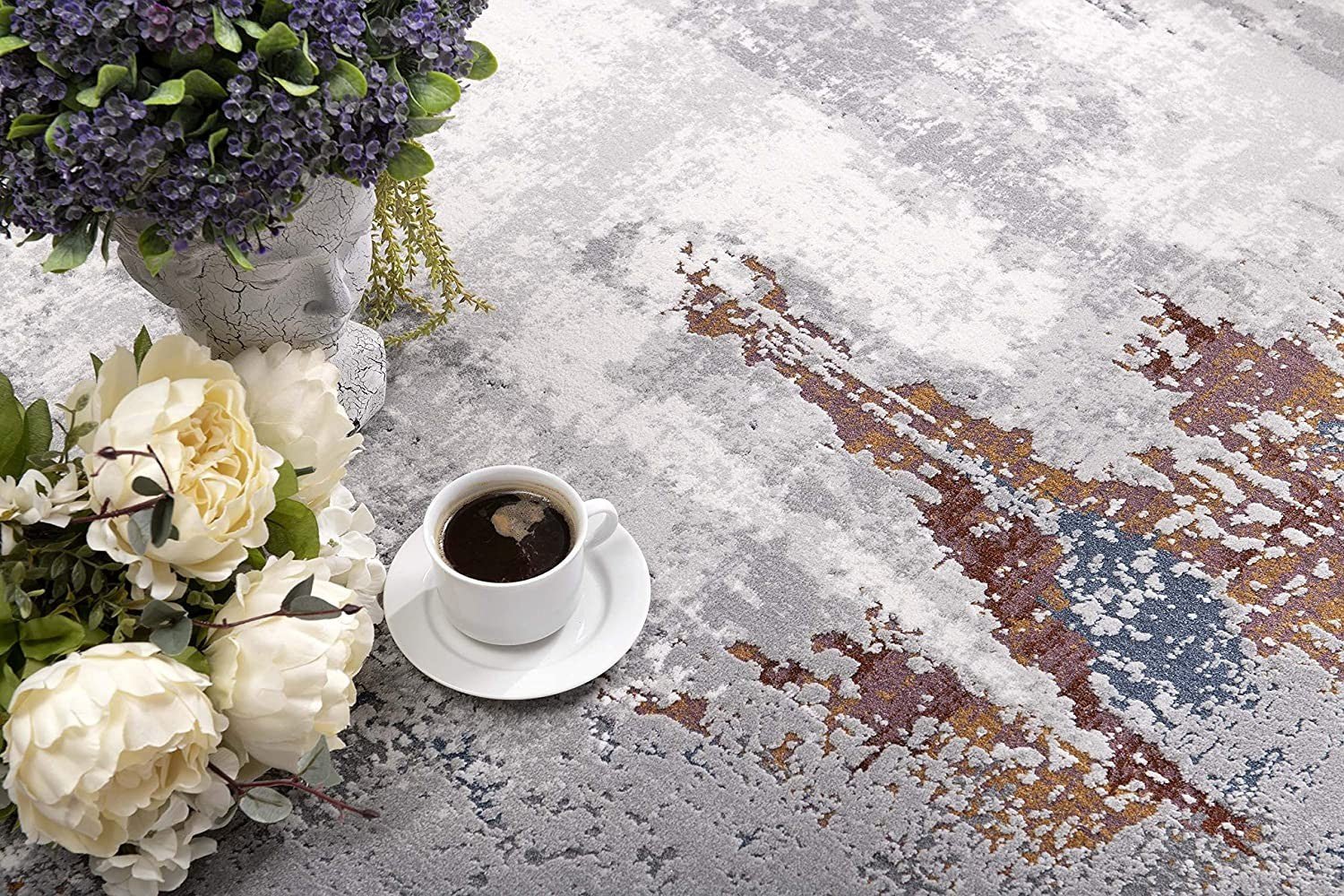 Gray And Ivory Modern Abstract Modern Floor Mat Decorative Area Rug, 8 x 11 Feet