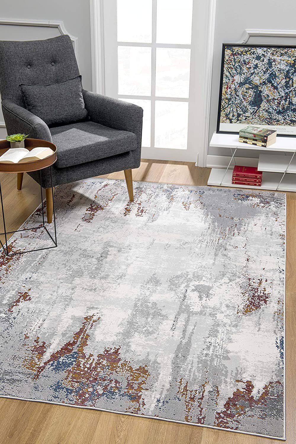 Gray And Ivory Modern Abstract Modern Floor Mat Decorative Area Rug, 8 x 11 Feet