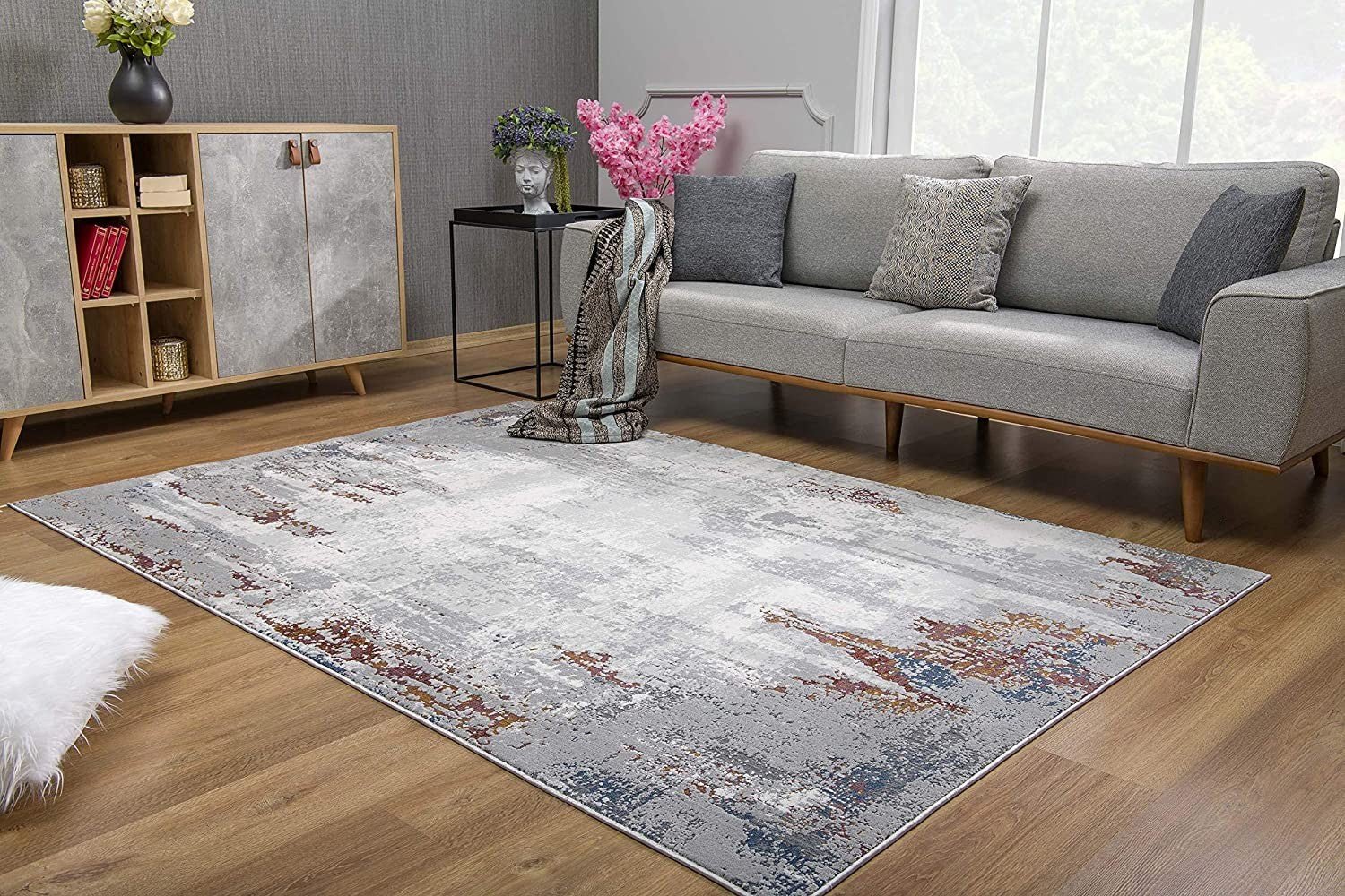 Gray And Ivory Modern Abstract Modern Floor Mat Decorative Area Rug, 8 x 11 Feet