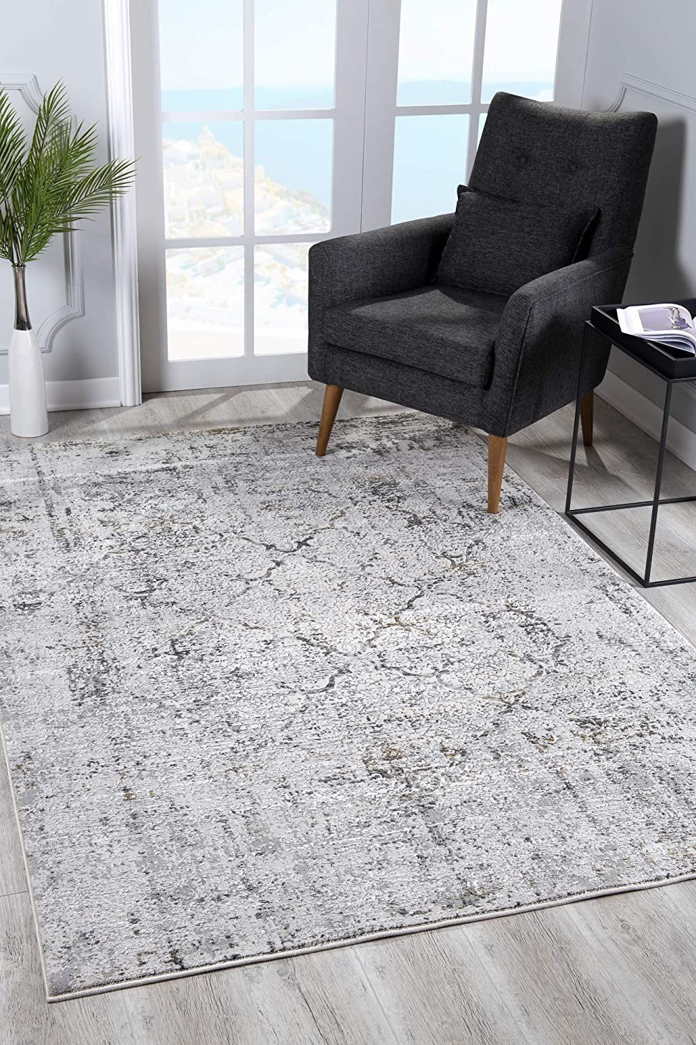 Gray & Ivory Abstract Distressed Modern Floor Mat Decorative Area Rug , 7 x 10 Feet