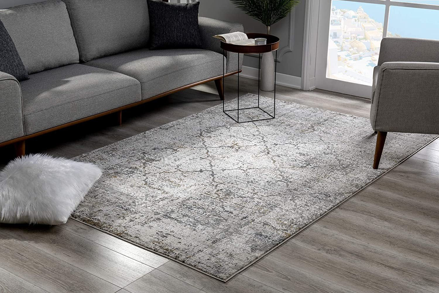 Gray & Ivory Abstract Distressed Modern Floor Mat Decorative Area Rug , 7 x 10 Feet