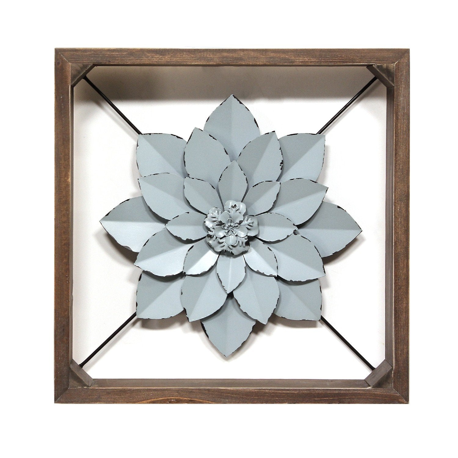 Pale Blue Metal Flower in Walnut Finish Frame