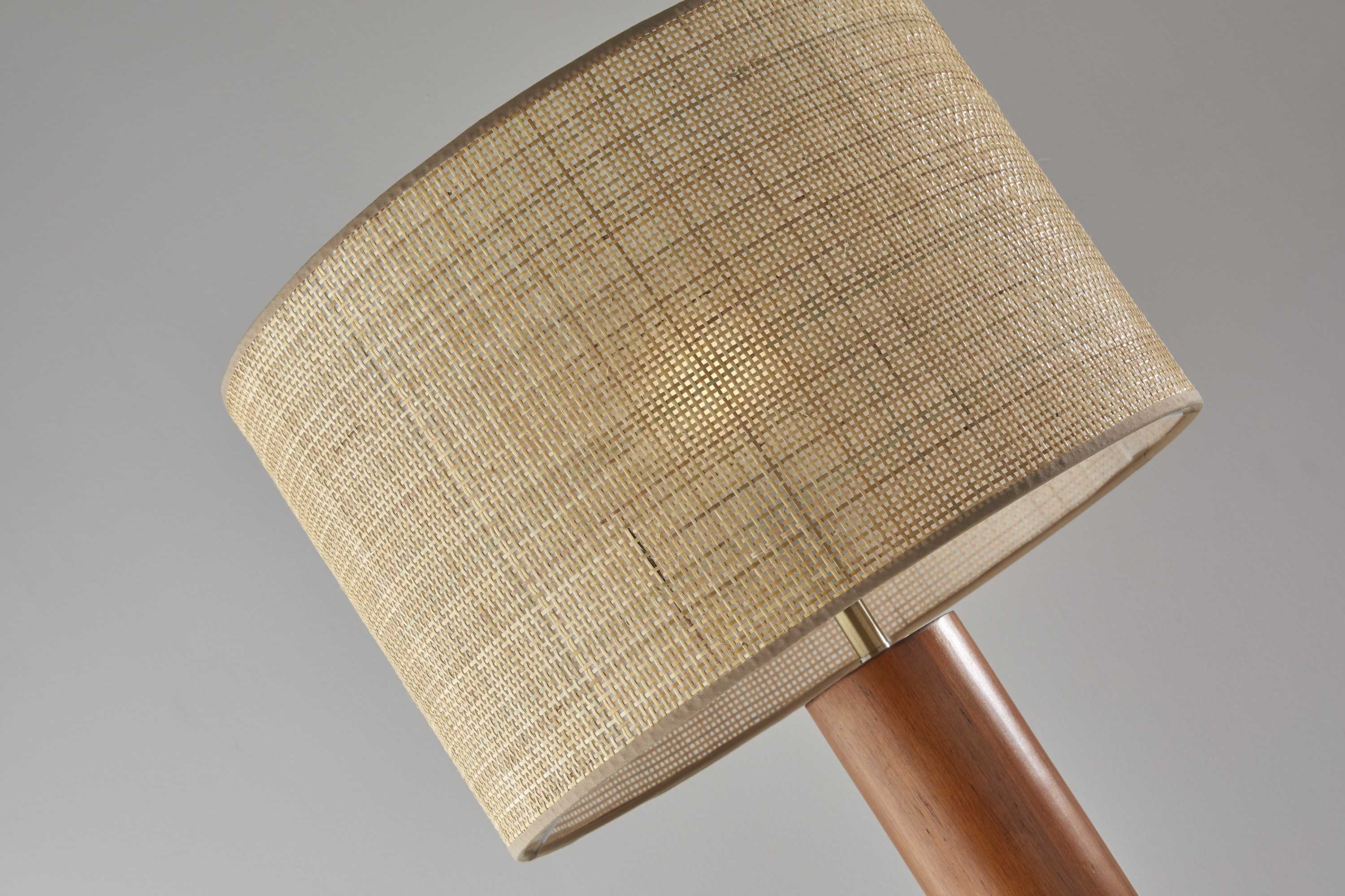Walnut Wood Finish Floor Lamp Cylindrical Base with Antique Brass Accents and Woven Rattan Shade