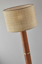 Walnut Wood Finish Floor Lamp Cylindrical Base with Antique Brass Accents and Woven Rattan Shade